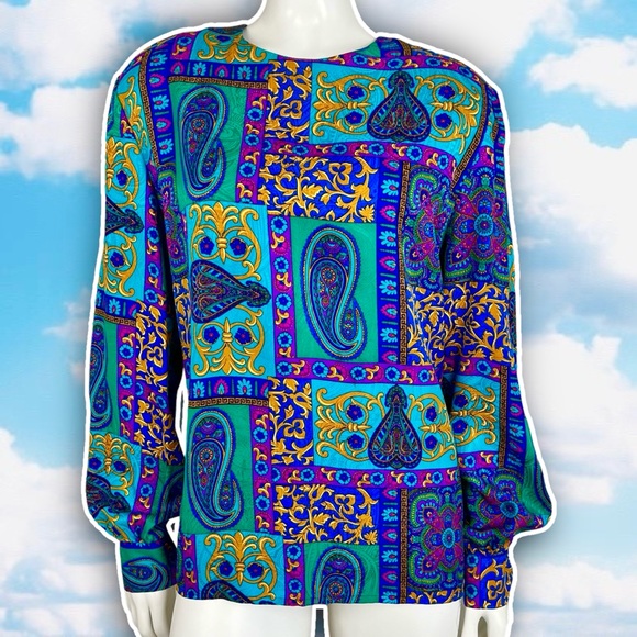 Adrianna Papell Tops - ADRIANNA PAPELL Vintage Silk Bright Paisley Balloon Sleeve Blouse Career Artsy